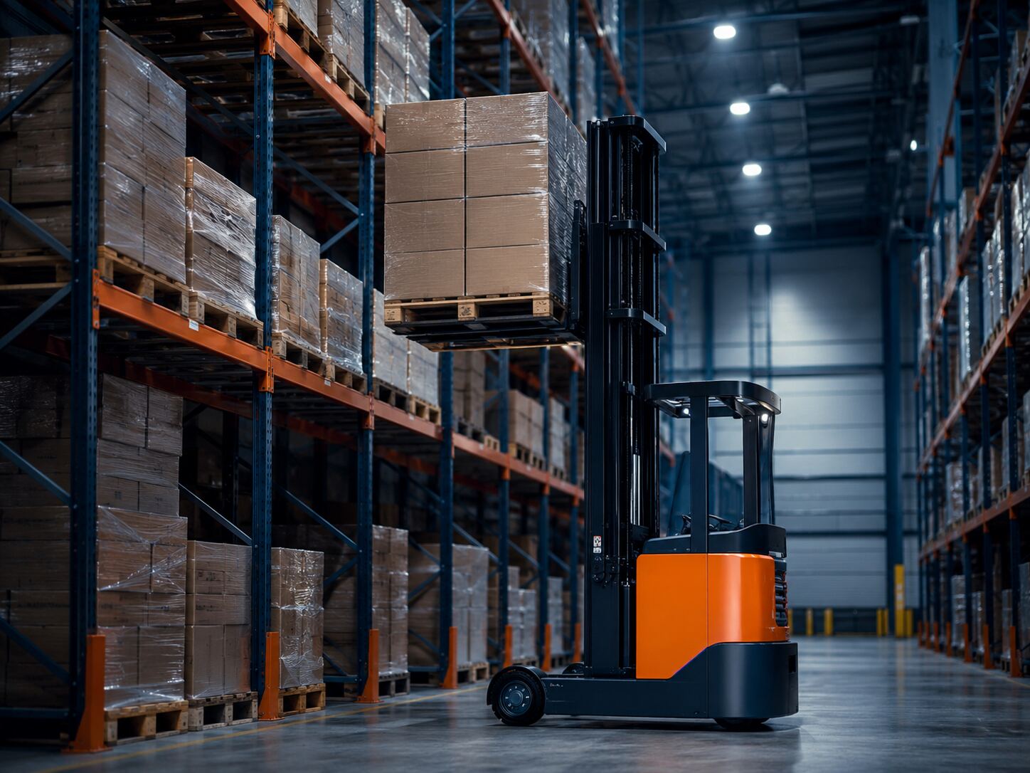 Modern forklift placing a pallet into warehouse racking